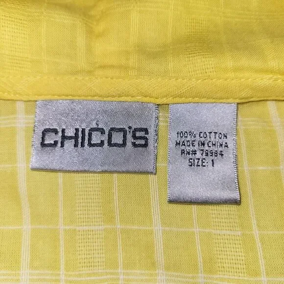 Chico’s Size 1 Medium Yellow Floral 100% Cotton Hoodie Roll Tab Sleeves Pockets - Picture 2 of 14